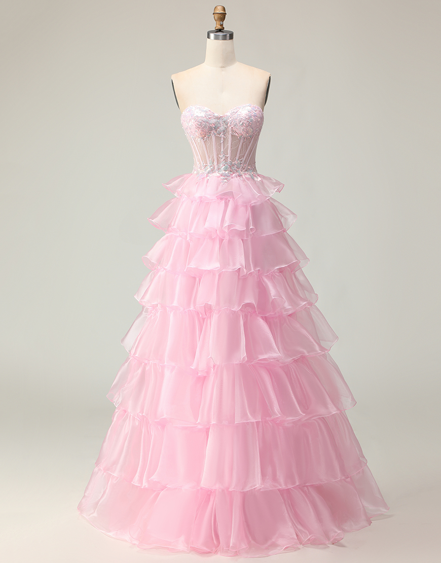 Sparkly Pink Ruffled Strapless Long Corset Prom Dress