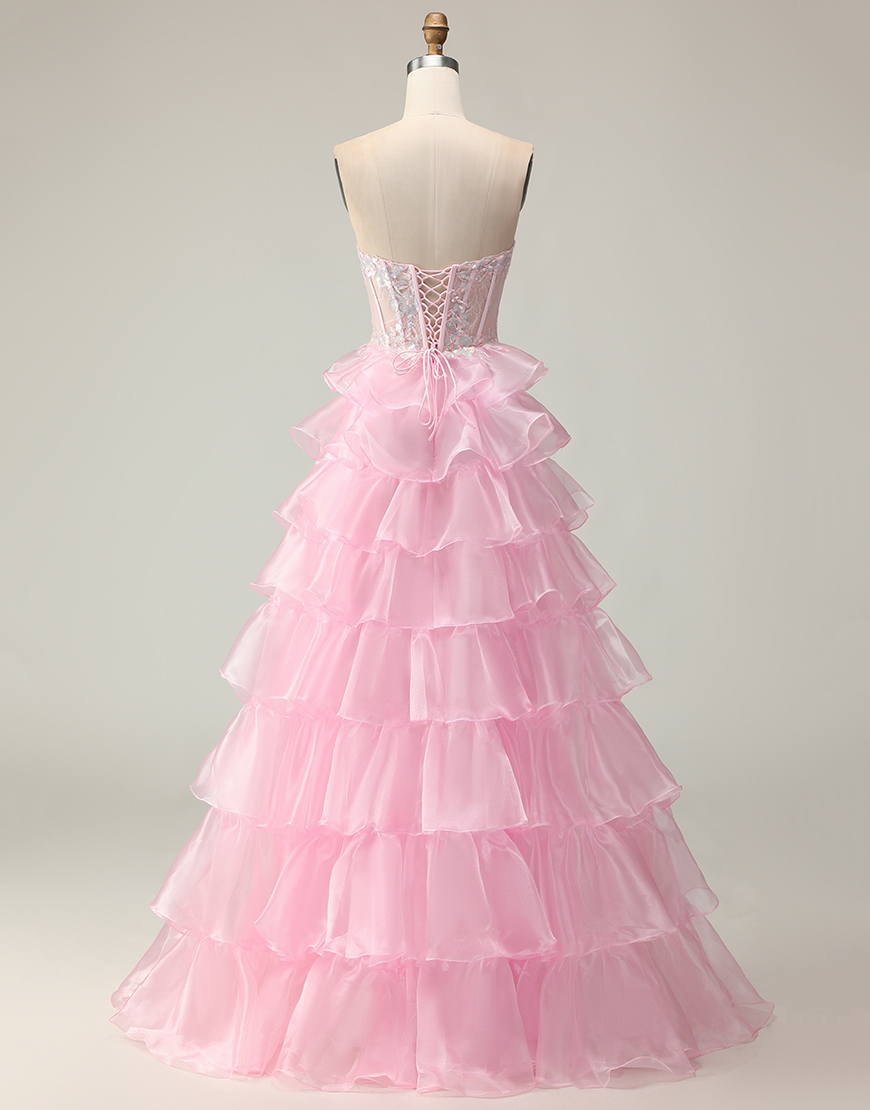 Sparkly Pink Ruffled Strapless Long Corset Prom Dress