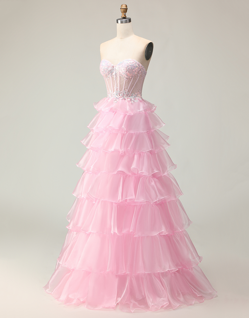 Sparkly Blue Strapless Ruffled Corset Long Prom Dress