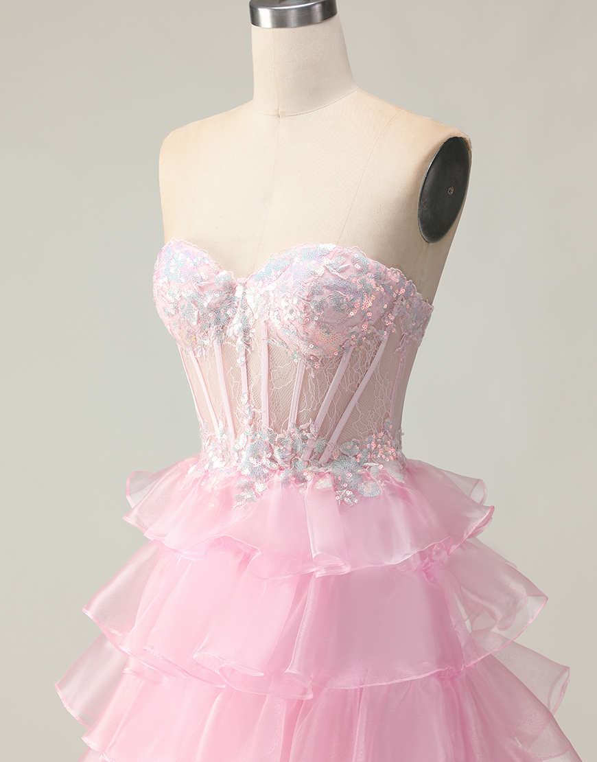 Sparkly Blue Strapless Ruffled Corset Long Prom Dress