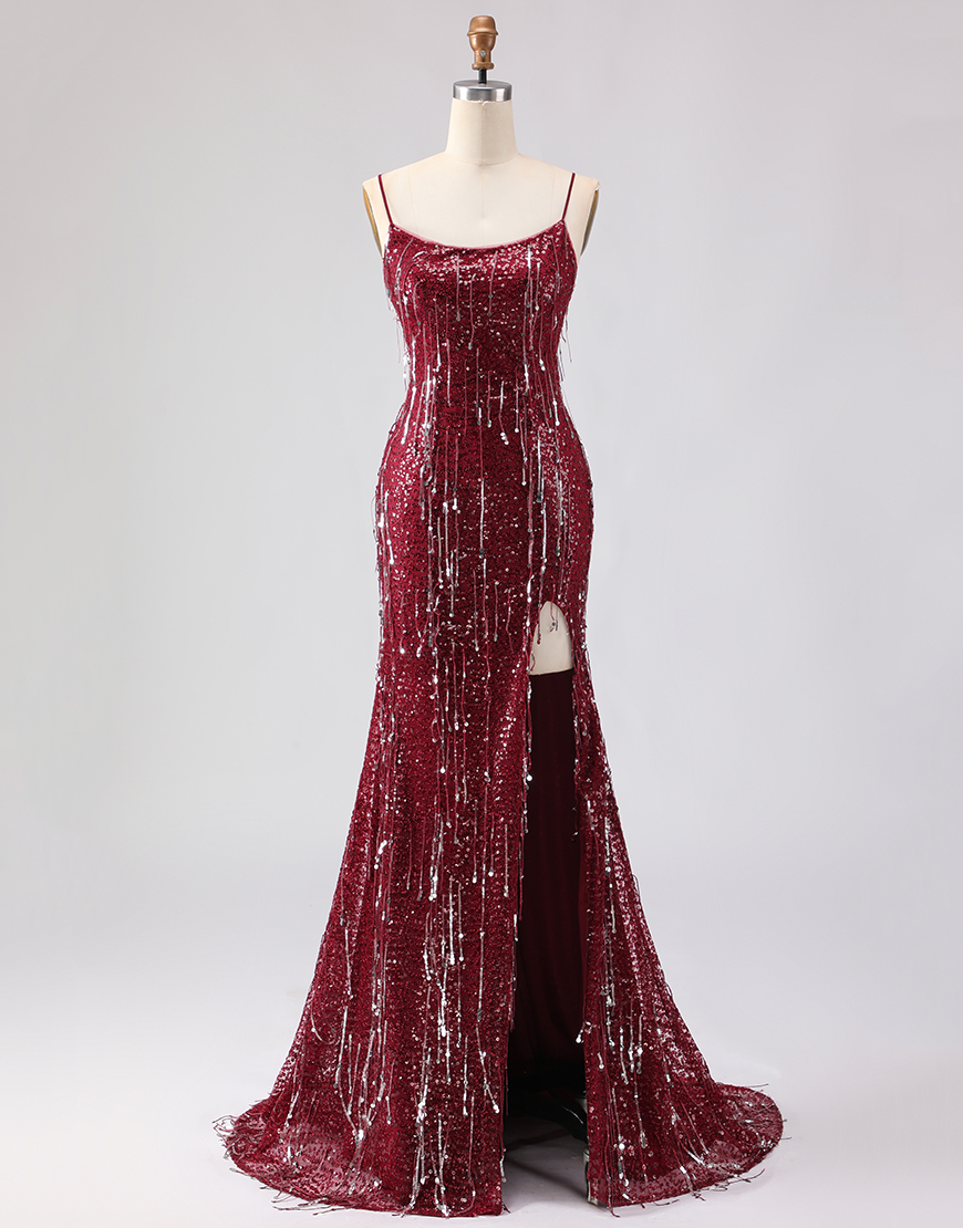 Sparkly Burgundy Sequins Mermaid Fringed Long Prom Dress with Slit
