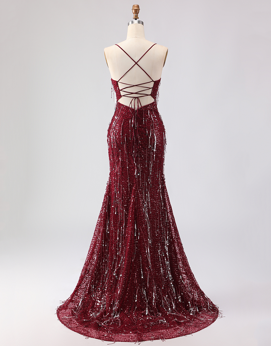 Sparkly Burgundy Sequins Mermaid Fringed Long Prom Dress with Slit