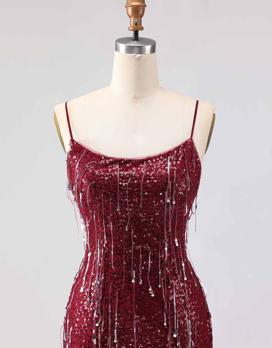 Sparkly Burgundy Sequins Mermaid Fringed Long Prom Dress with Slit