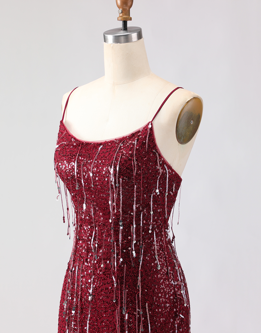 Sparkly Burgundy Sequins Mermaid Fringed Long Prom Dress with Slit