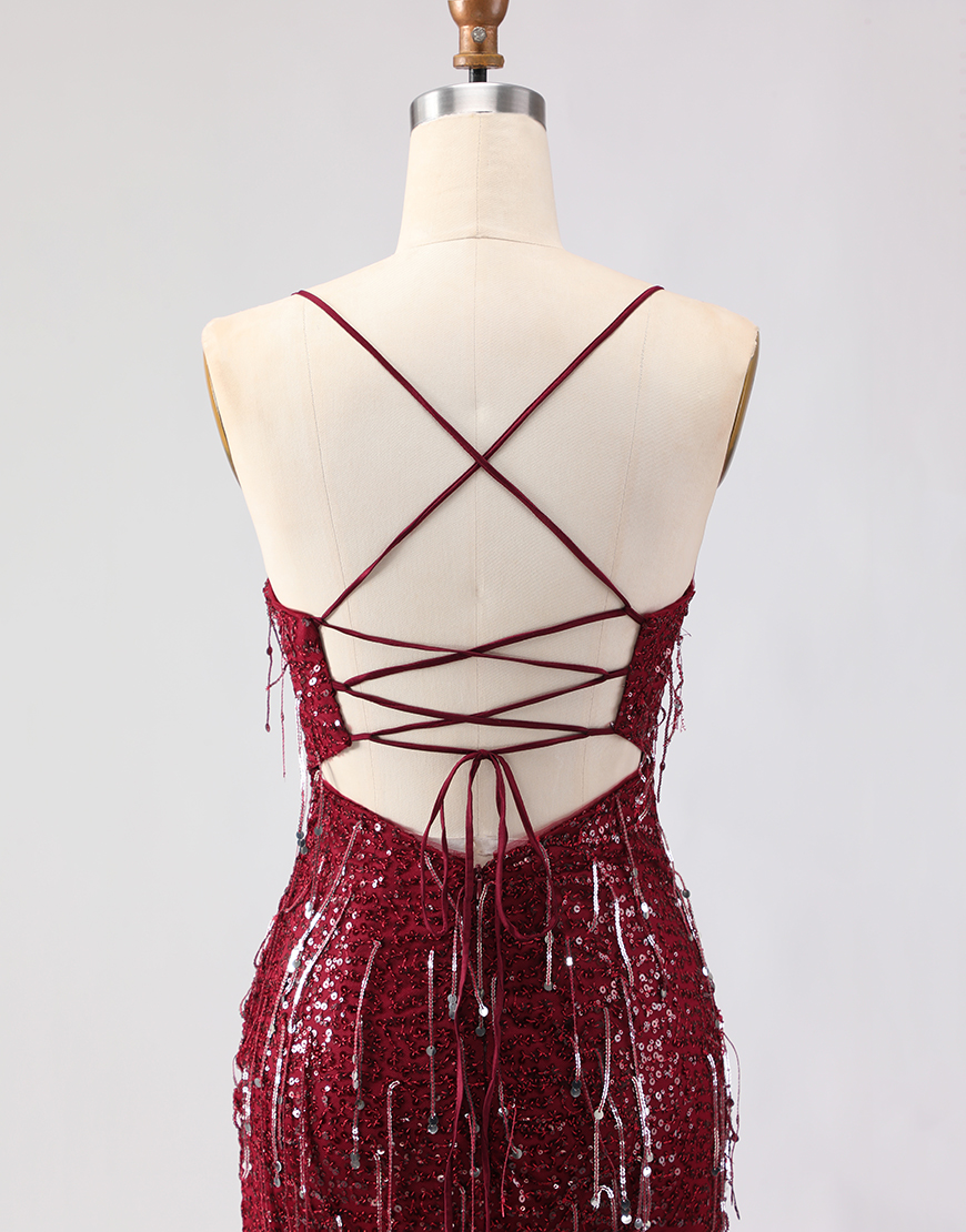 Sparkly Burgundy Sequins Mermaid Fringed Long Prom Dress with Slit