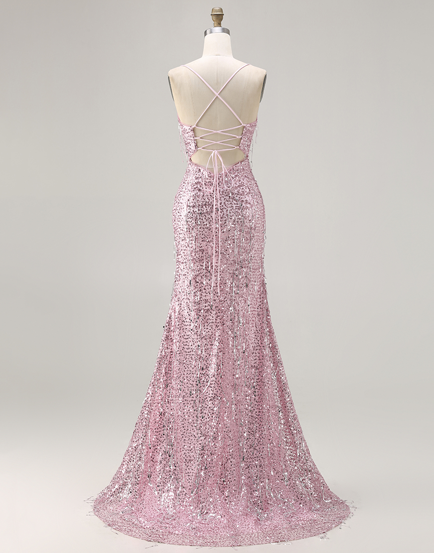 Sparkly Pink Sequins Mermaid Spaghetti Straps Long Prom Dress with Slit