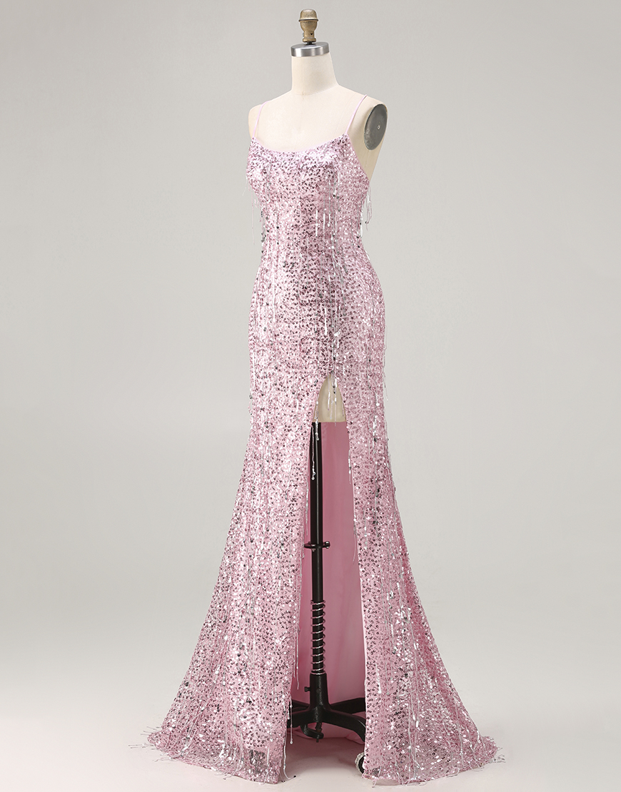 Sparkly Burgundy Sequins Mermaid Fringed Long Prom Dress with Slit