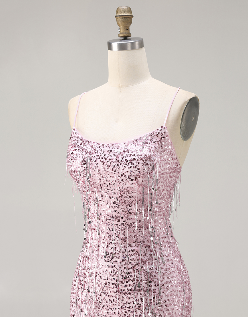 Sparkly Burgundy Sequins Mermaid Fringed Long Prom Dress with Slit