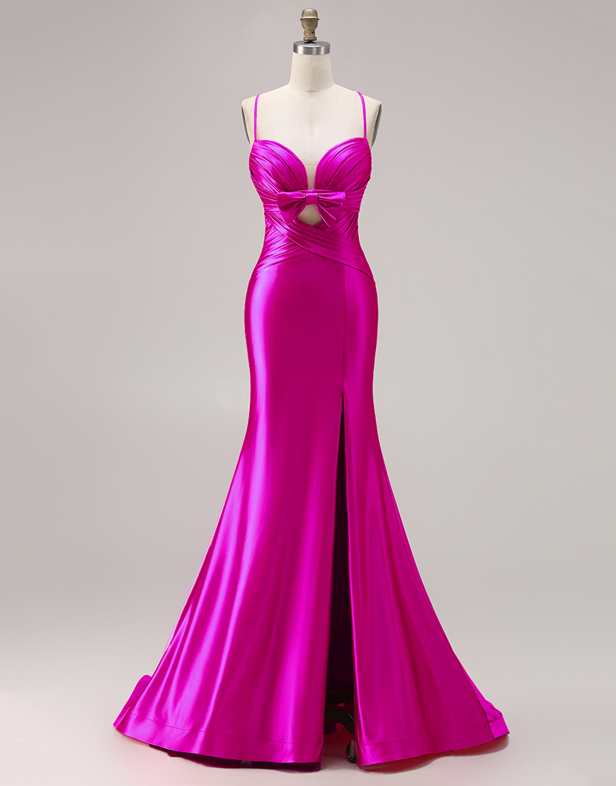 Fuchsia Satin Spaghetti Straps Mermaid Long Prom Dress with Slit