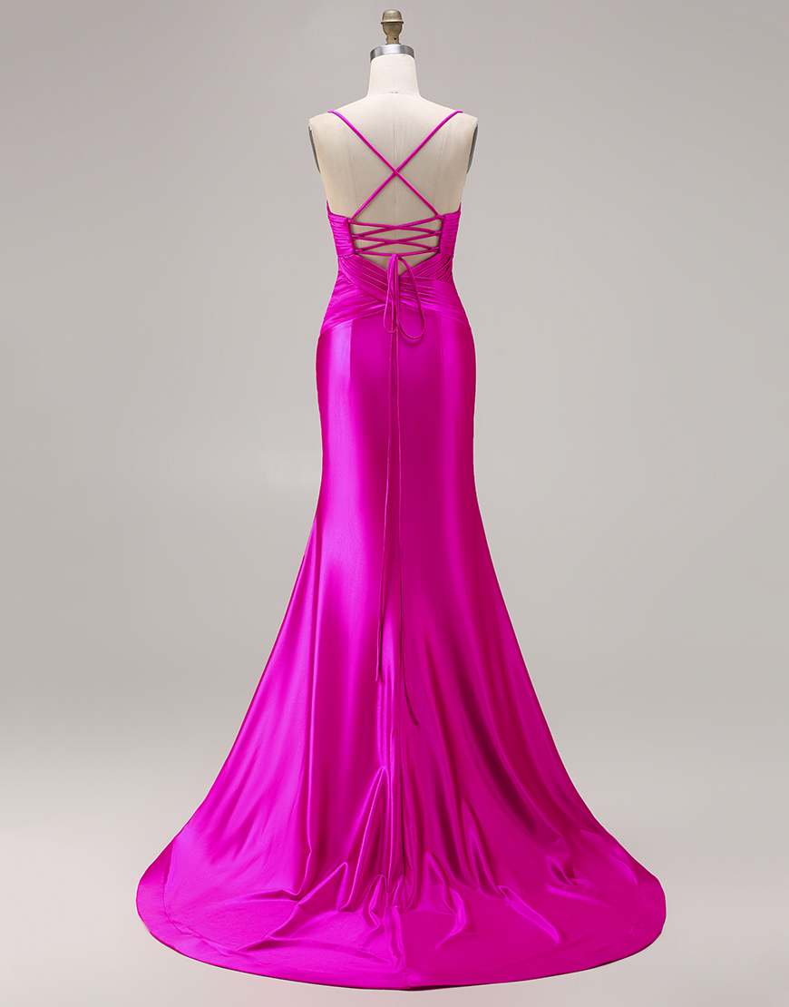 Fuchsia Satin Spaghetti Straps Mermaid Long Prom Dress with Slit