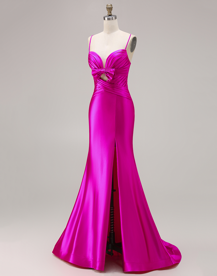 Fuchsia Satin Spaghetti Straps Mermaid Long Prom Dress with Slit