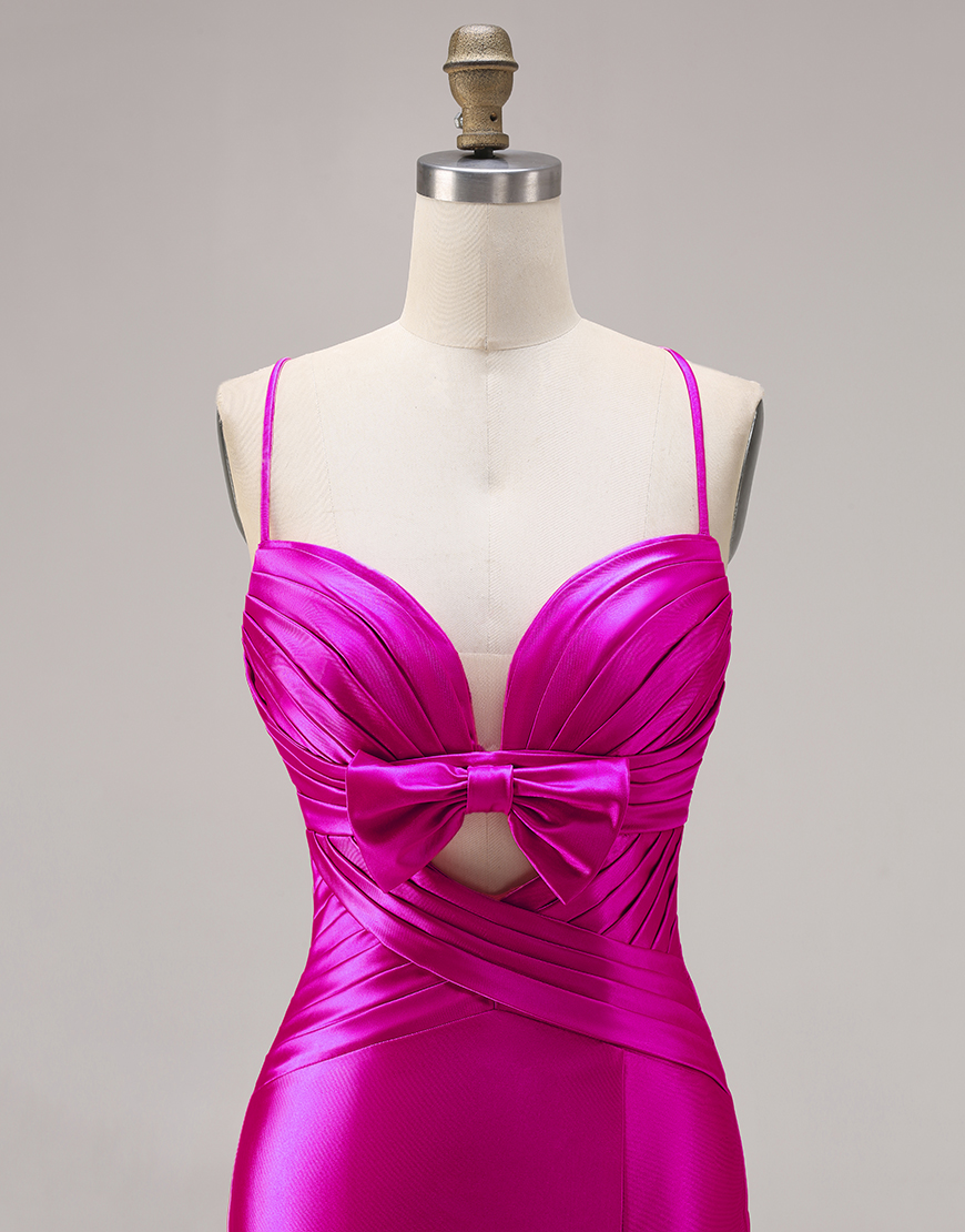 Fuchsia Satin Spaghetti Straps Mermaid Long Prom Dress with Slit