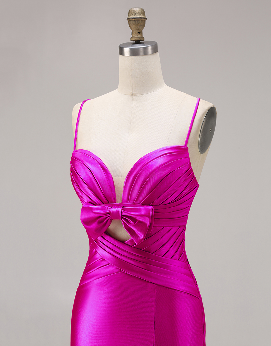 Fuchsia Satin Spaghetti Straps Mermaid Long Prom Dress with Slit