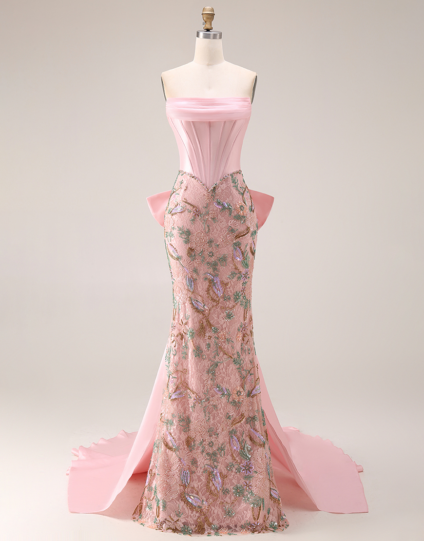 Sparkly Pink Floral Mermaid Strapless Corset Long Prom Dress with Cape