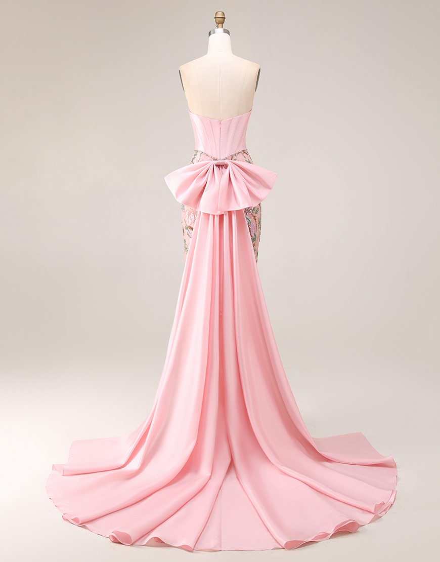 Sparkly Pink Floral Mermaid Strapless Corset Long Prom Dress with Cape