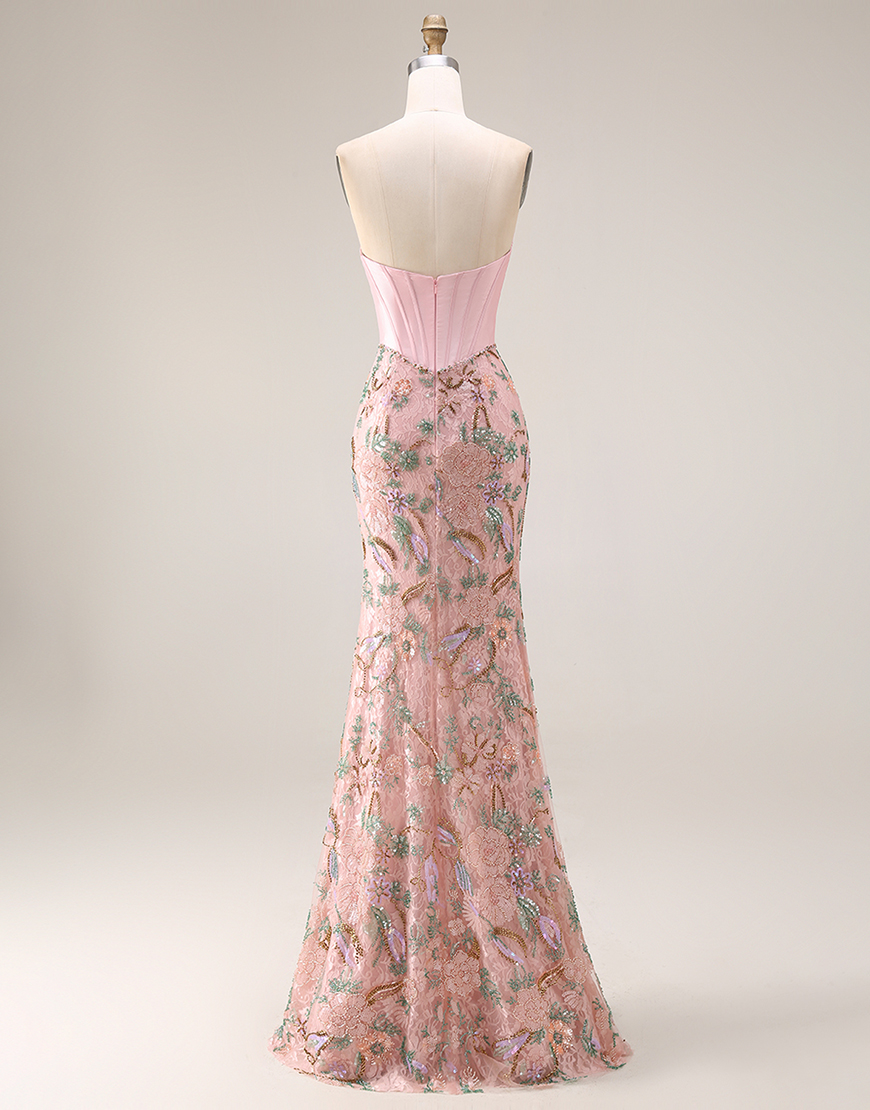 Sparkly Pink Floral Mermaid Strapless Corset Long Prom Dress with Cape