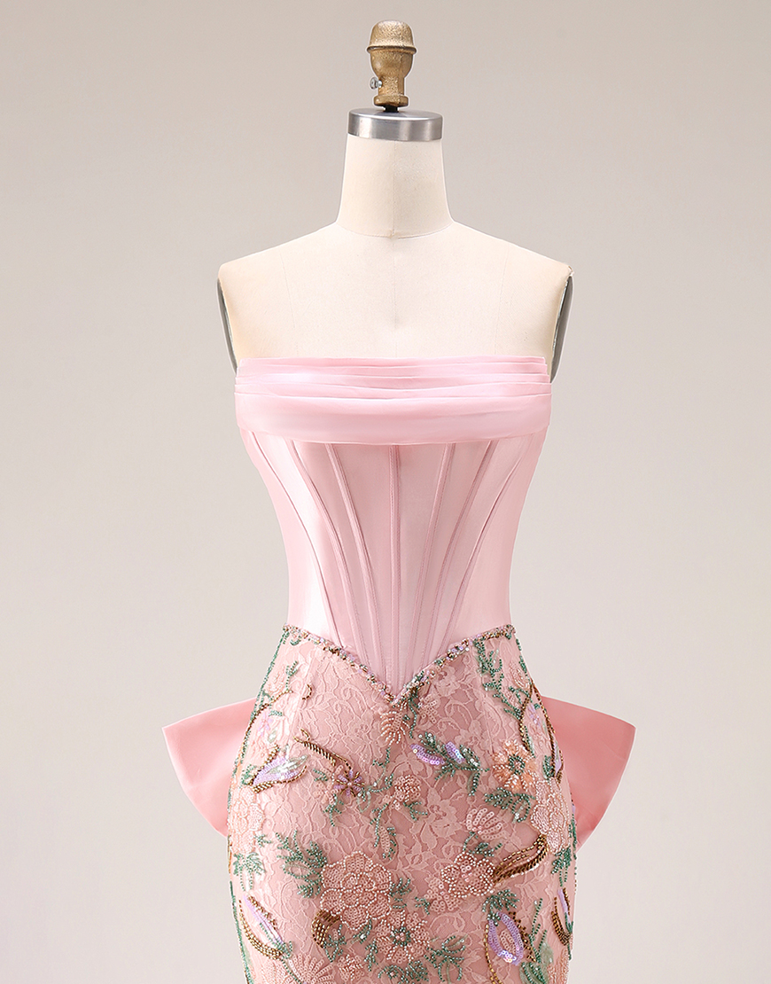 Sparkly Pink Floral Mermaid Strapless Corset Long Prom Dress with Cape