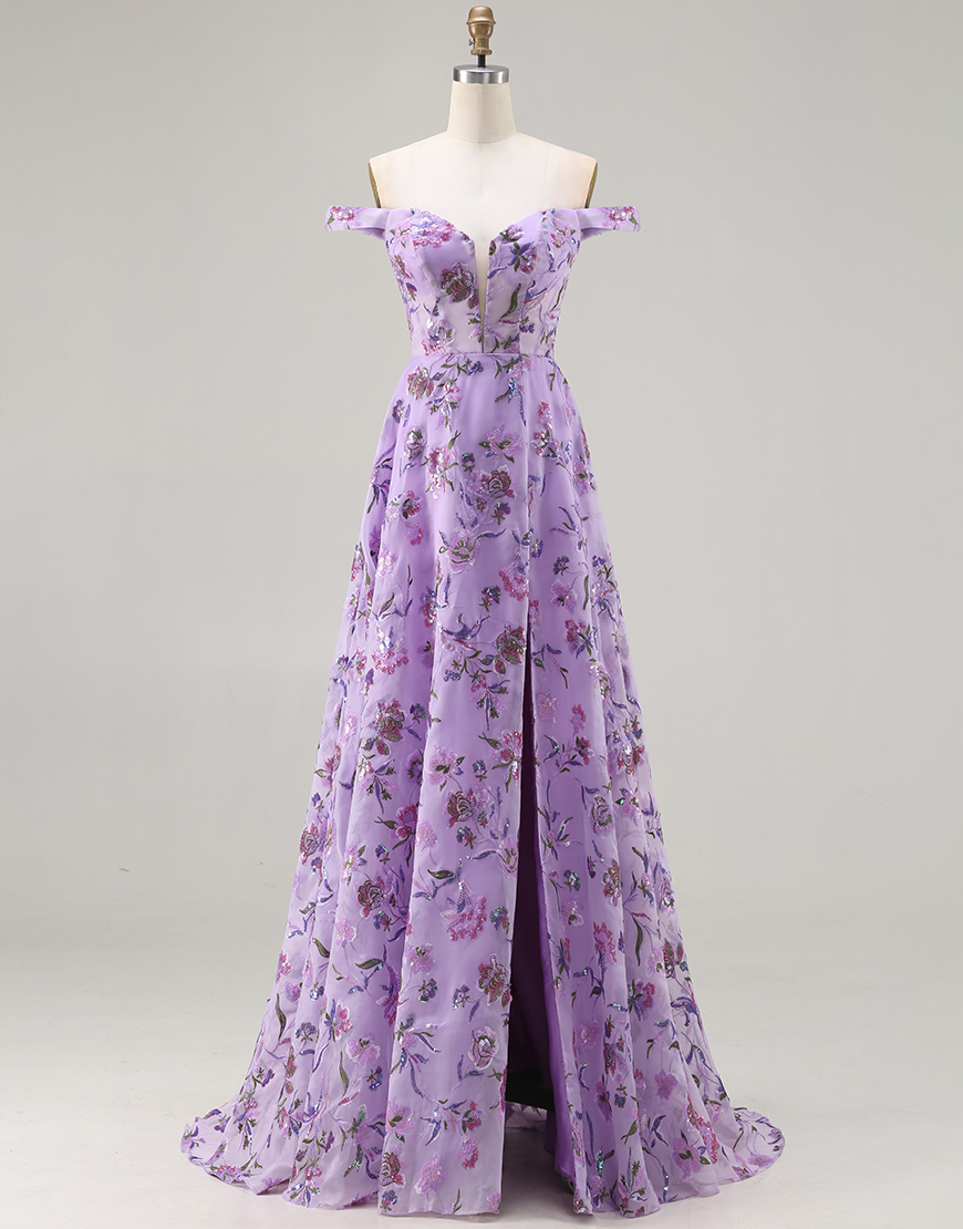 Sparkly Purple A Line Off the Shoulder Floral Long Prom Dress with Sequins