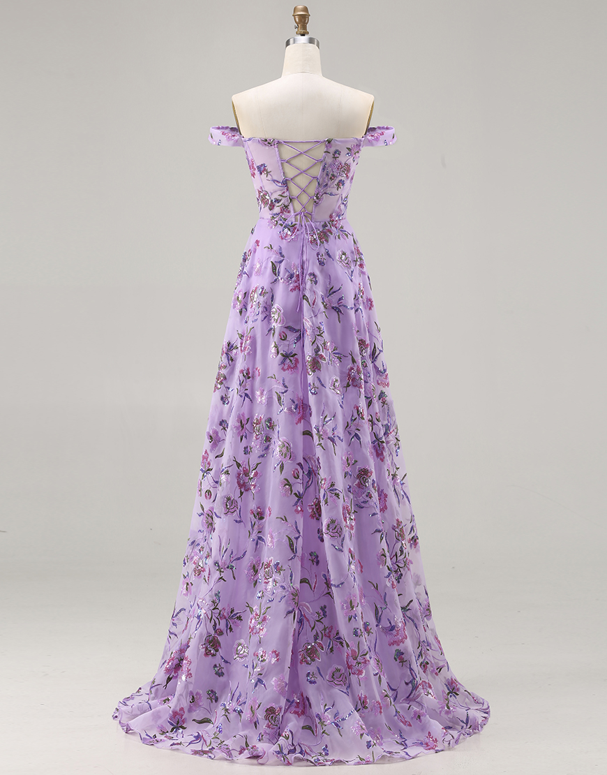 Sparkly Purple A Line Off the Shoulder Floral Long Prom Dress with Sequins