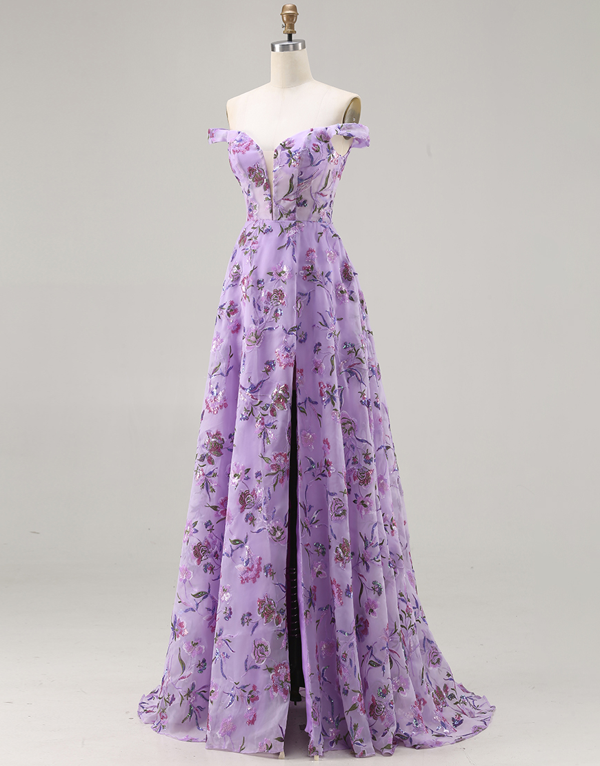Sparkly Purple A Line Off the Shoulder Floral Long Prom Dress with Sequins