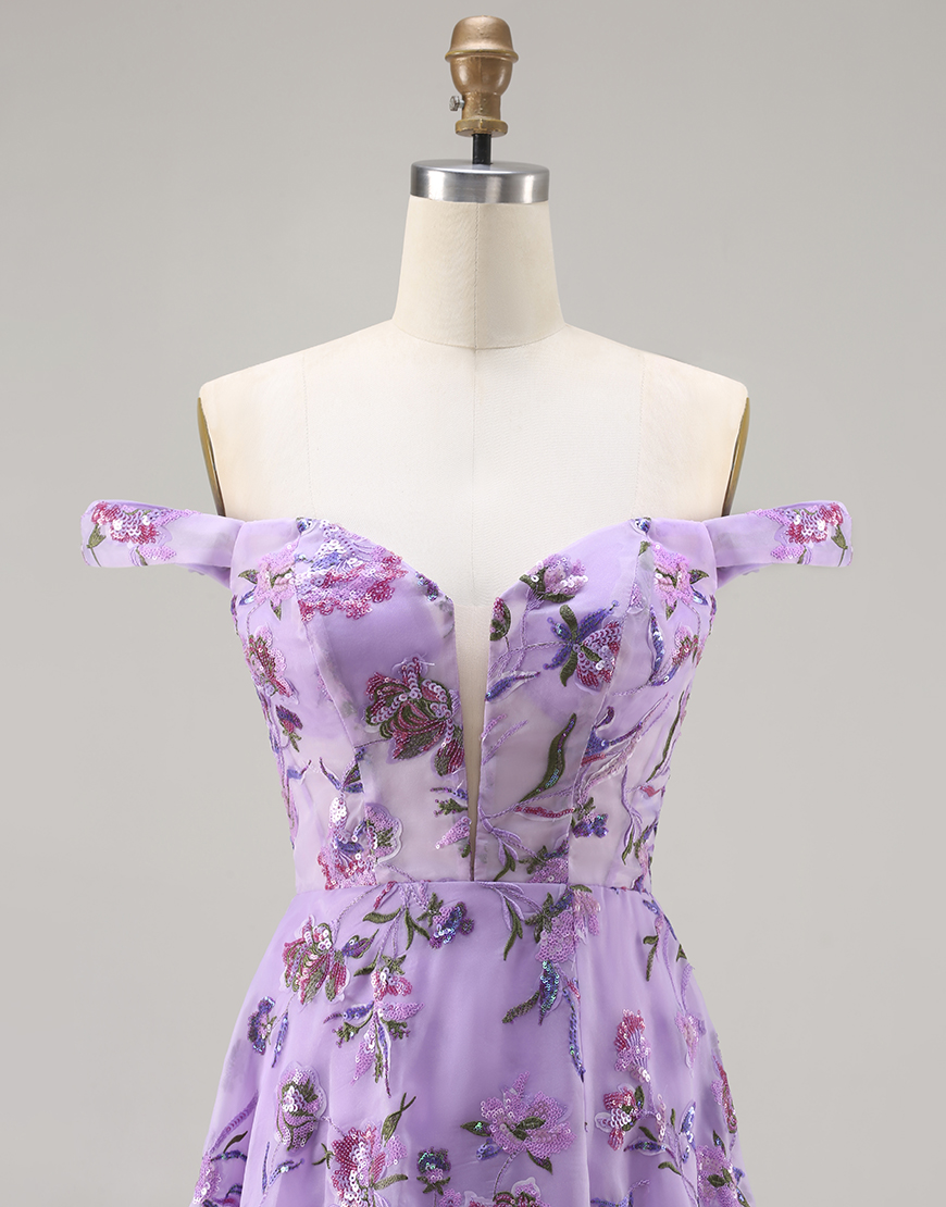 Sparkly Purple A Line Off the Shoulder Floral Long Prom Dress with Sequins