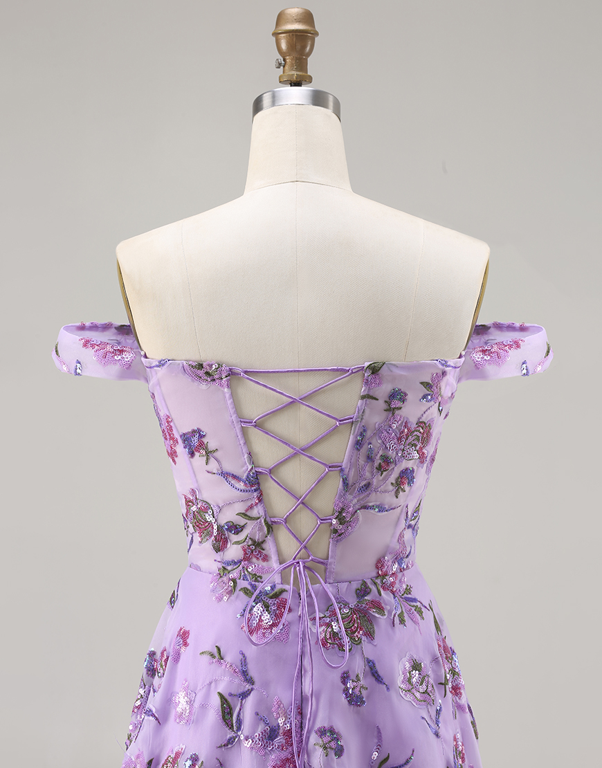 Sparkly Purple A Line Off the Shoulder Floral Long Prom Dress with Sequins