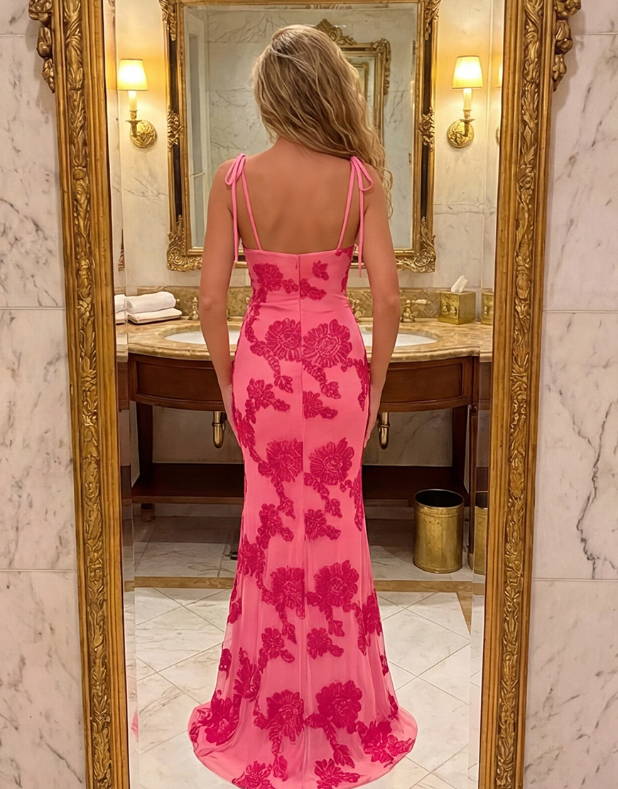 Hot Pink Mermaid Floral Spaghetti Straps Long Prom Dress