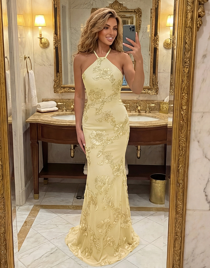 Hot Pink Mermaid Floral Halter Long Prom Dress