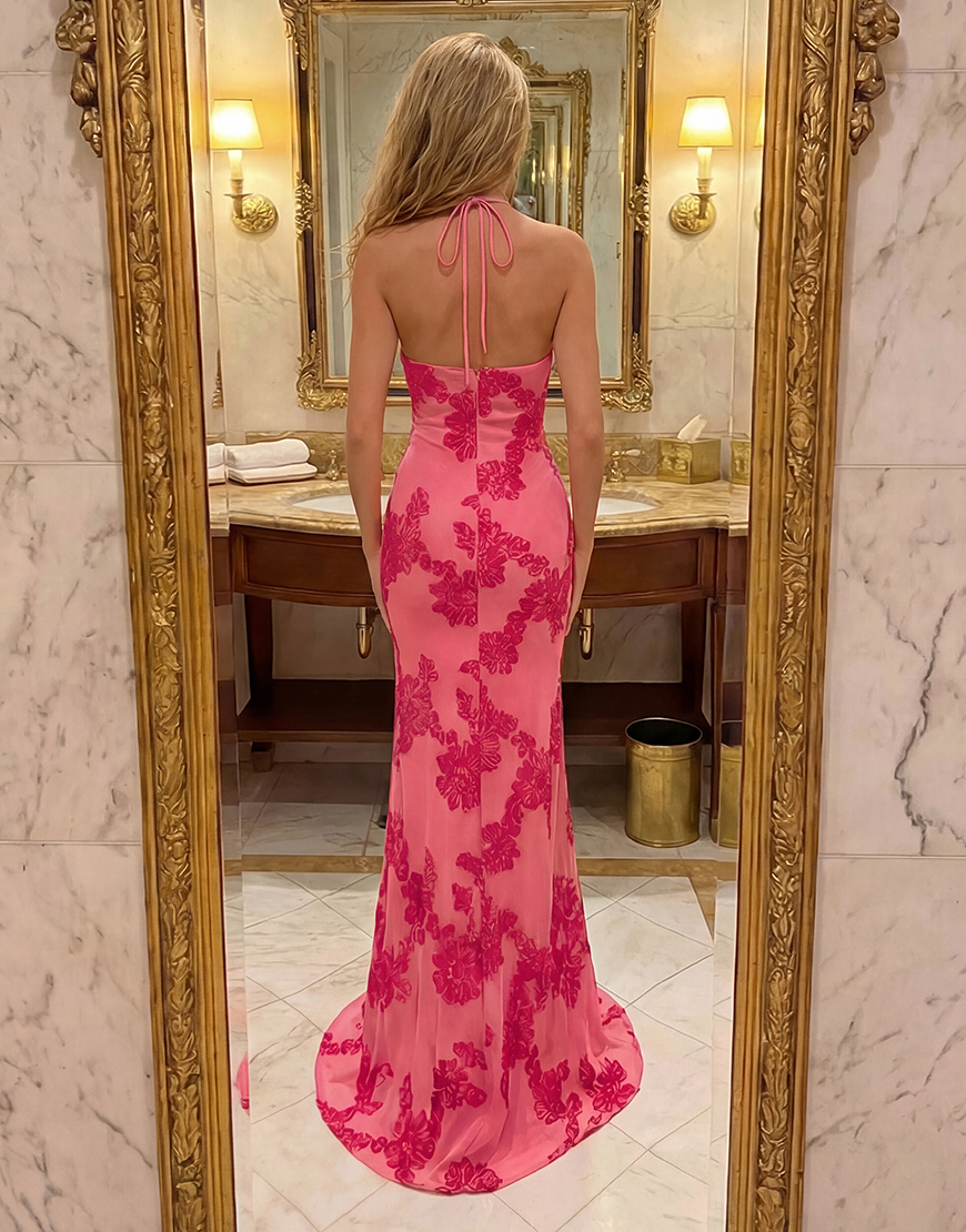 Hot Pink Mermaid Floral Halter Long Prom Dress