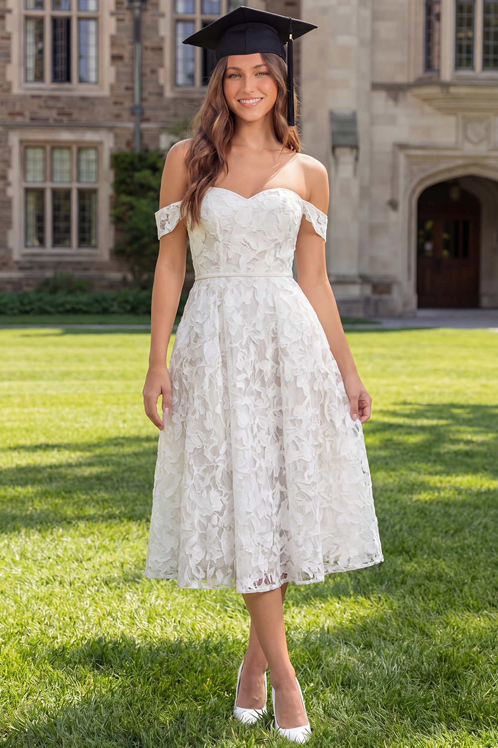 White Lace Off the Shoulder A Line Midi Graduation Dress