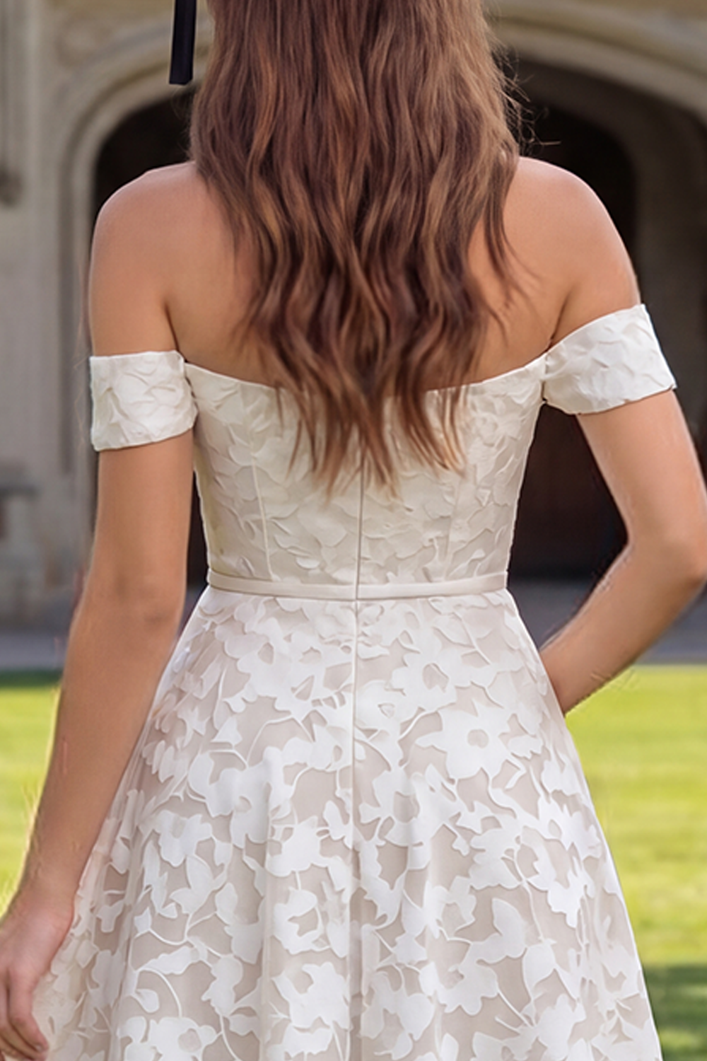 White Lace Off the Shoulder A Line Midi Graduation Dress