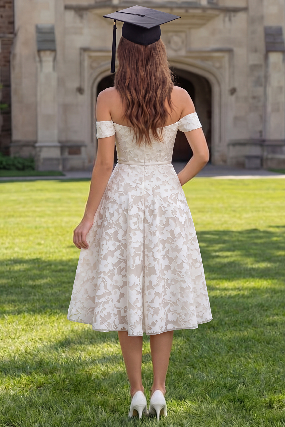 White Lace Off the Shoulder A Line Midi Graduation Dress