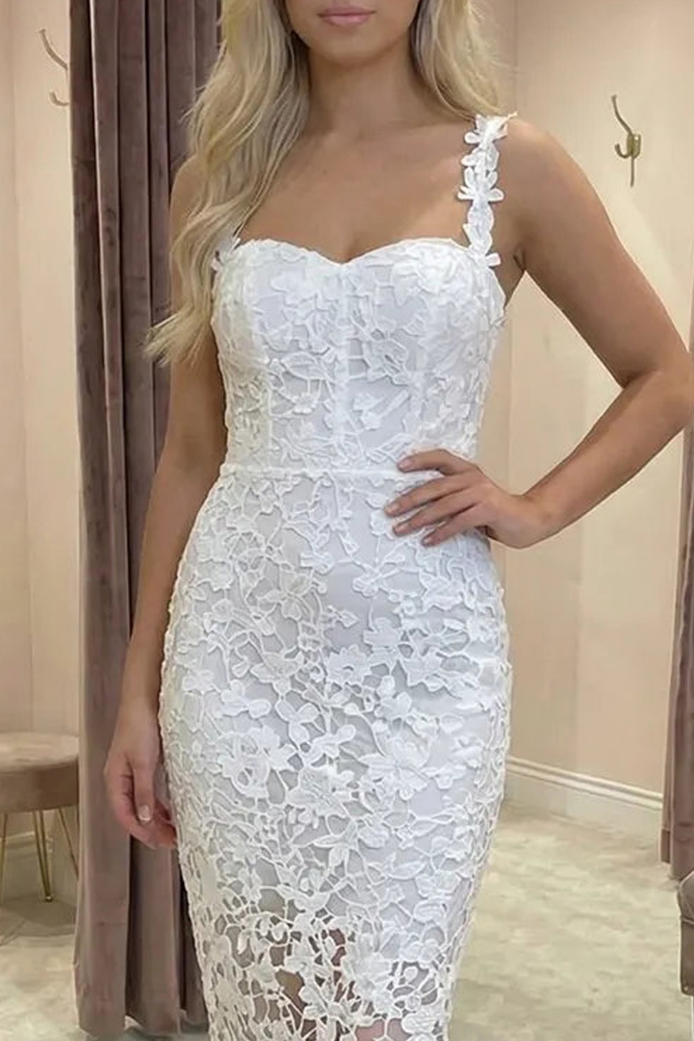 Ivory Lace Bodycon Thick Straps Midi Graduation Dress