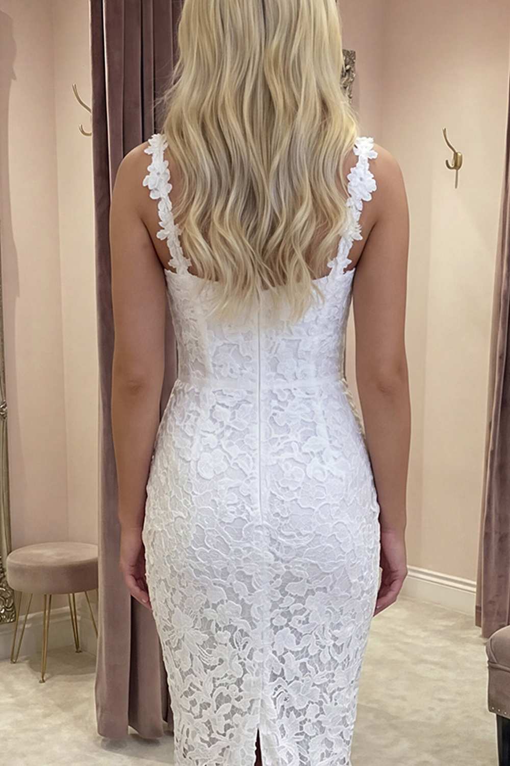Ivory Lace Bodycon Thick Straps Midi Graduation Dress