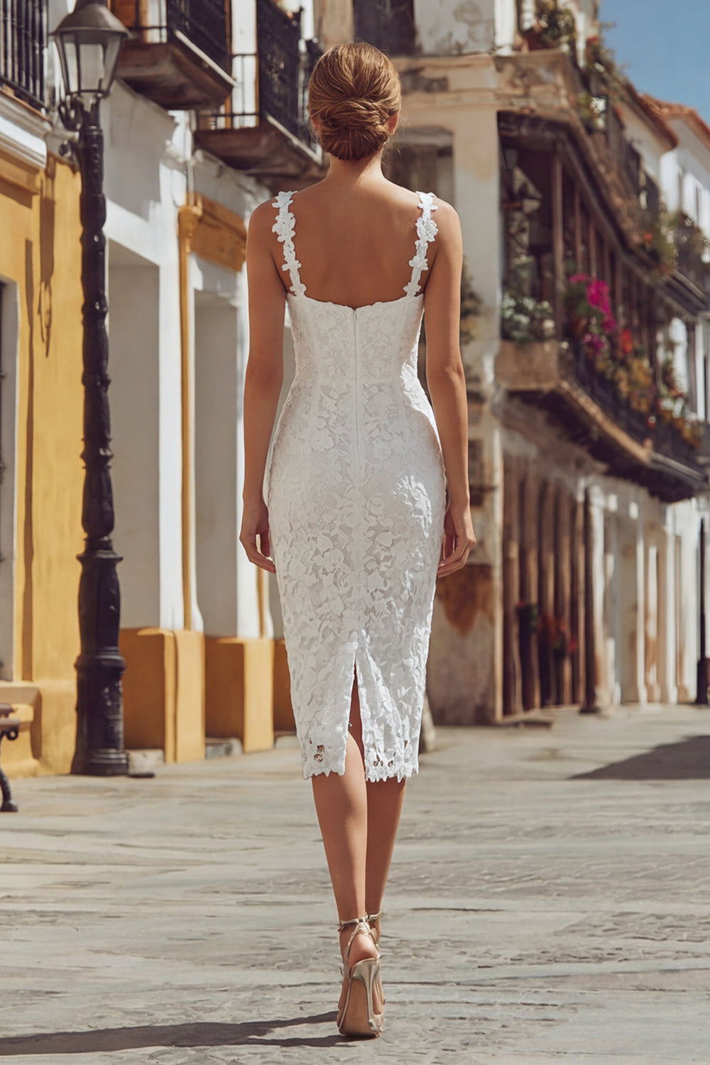 Ivory Lace Bodycon Thick Straps Midi Graduation Dress