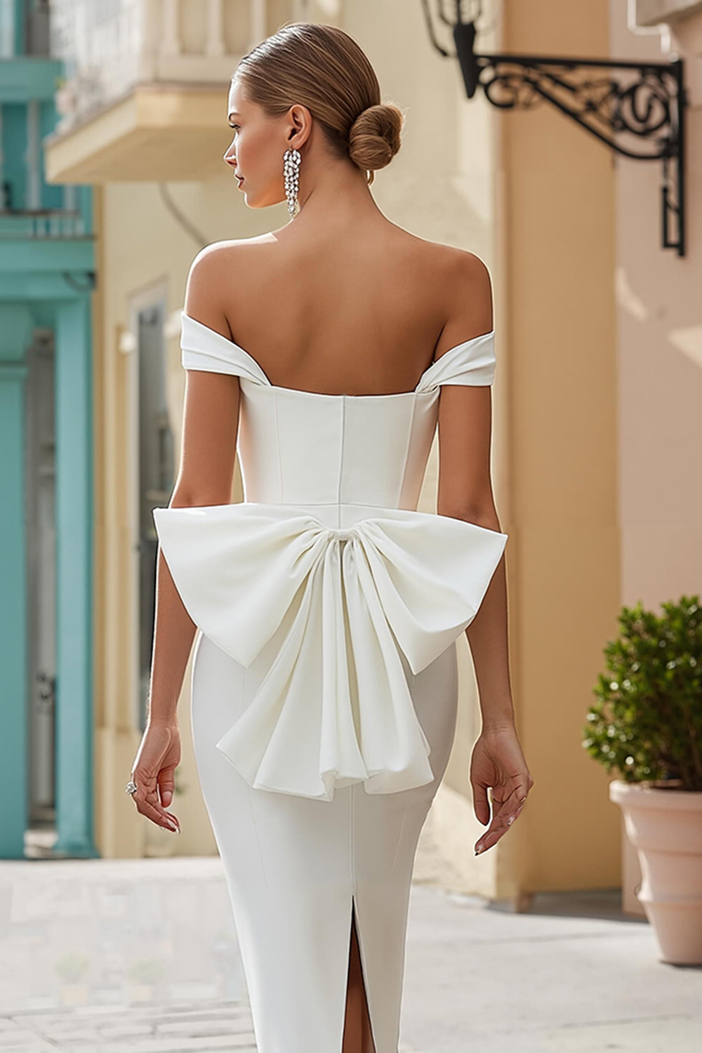 White Bodycon Off the Shoulder Midi GraduationDress with Bow