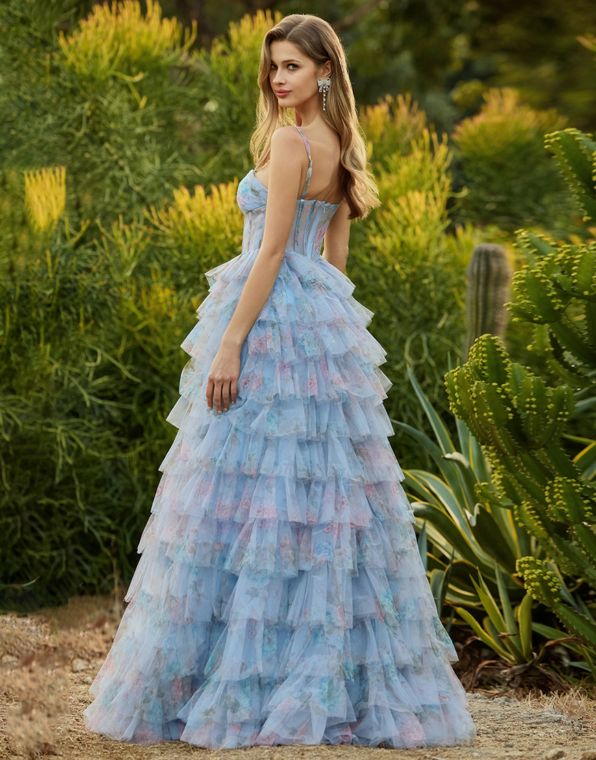 Blue Corset Tiered A Line Chiffon Floral Long Prom Dress with Slit