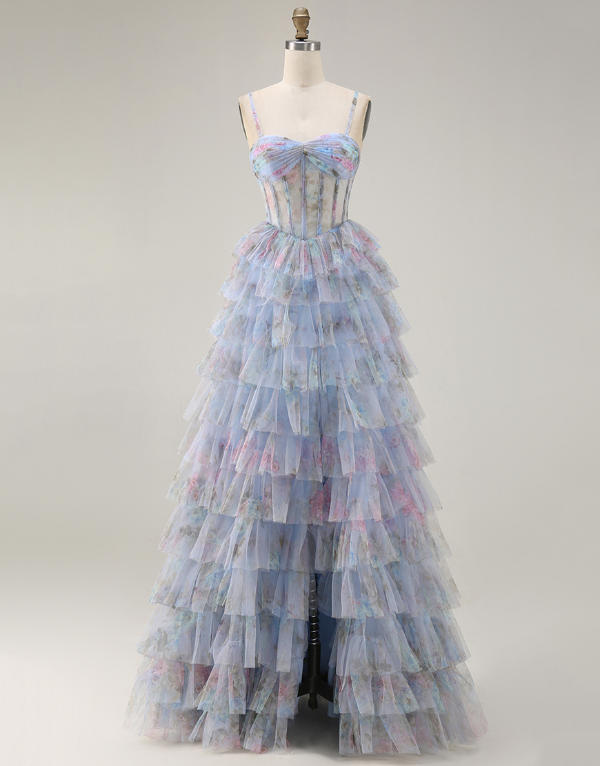 Blue Corset Tiered A Line Chiffon Floral Long Prom Dress with Slit