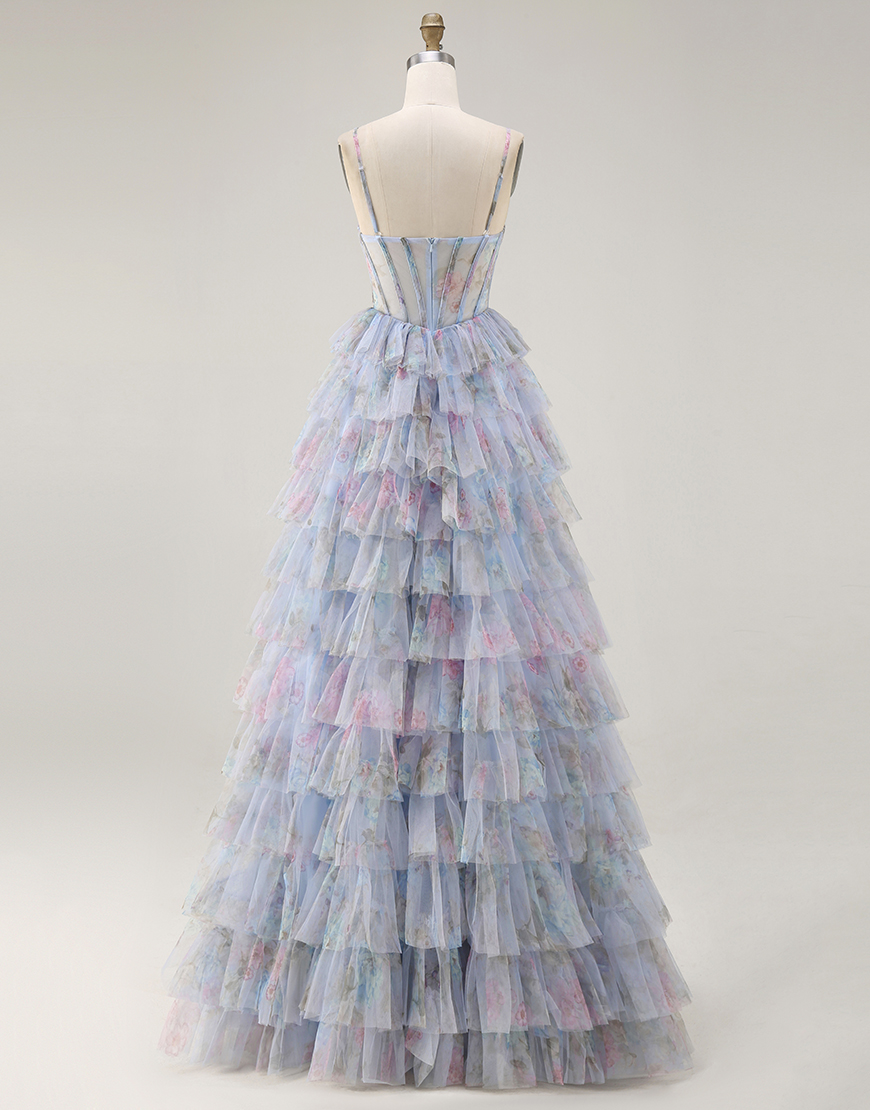 Blue Corset Tiered A Line Chiffon Floral Long Prom Dress with Slit