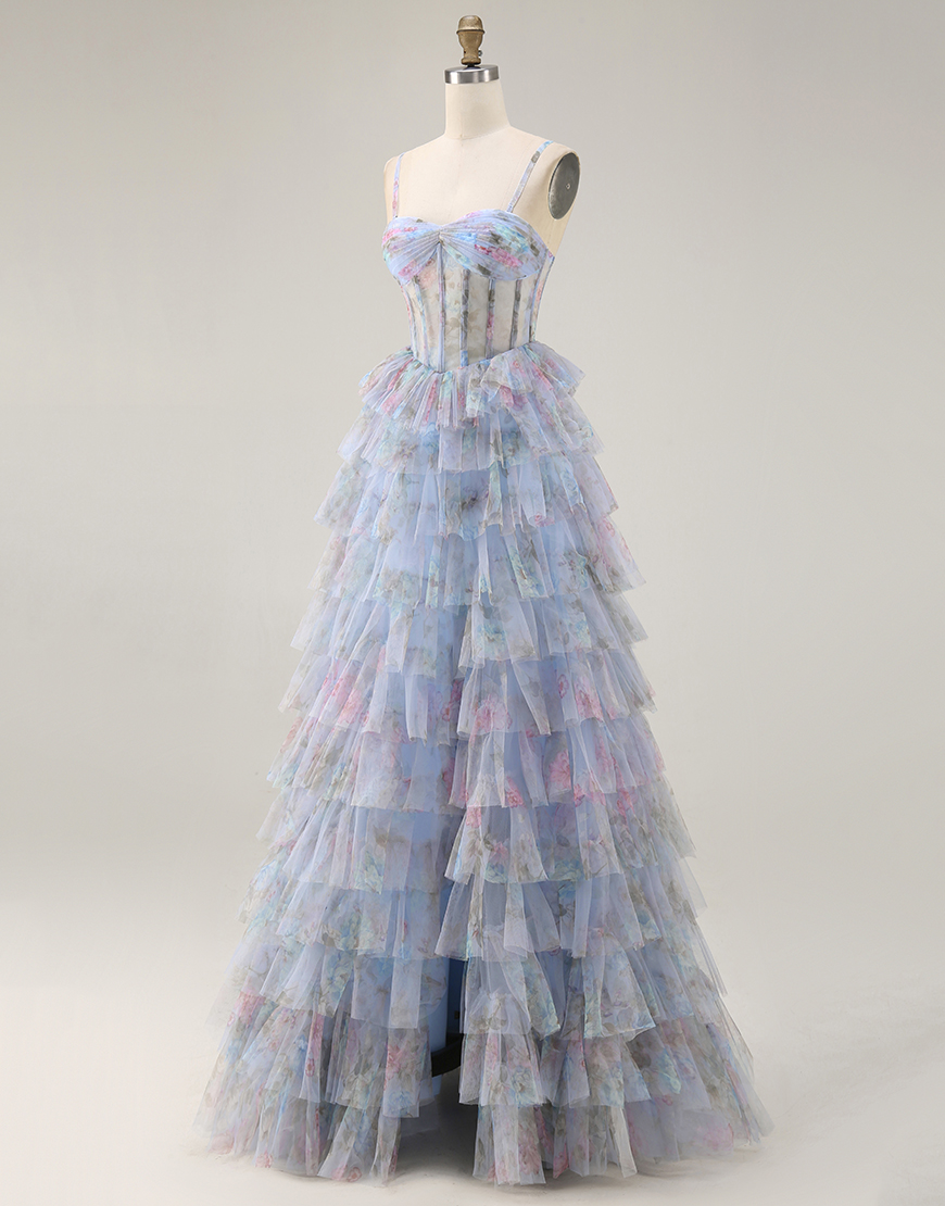 Blue Corset Tiered A Line Chiffon Floral Long Prom Dress with Slit