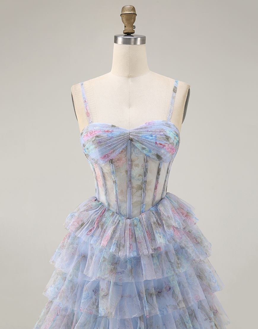 Blue Corset Tiered A Line Chiffon Floral Long Prom Dress with Slit