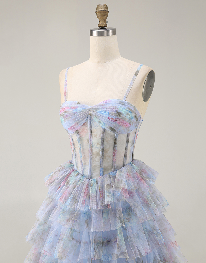 Blue Corset Tiered A Line Chiffon Floral Long Prom Dress with Slit