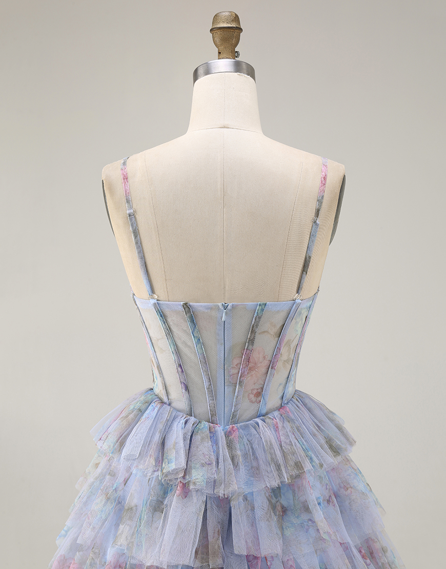 Blue Corset Tiered A Line Chiffon Floral Long Prom Dress with Slit