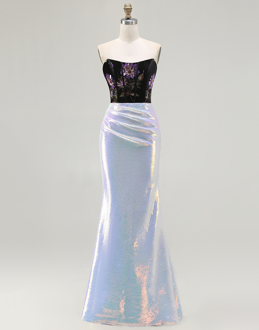 Sparkly Black Lilac Floral Mermaid Corset Glitter Long Prom Dress