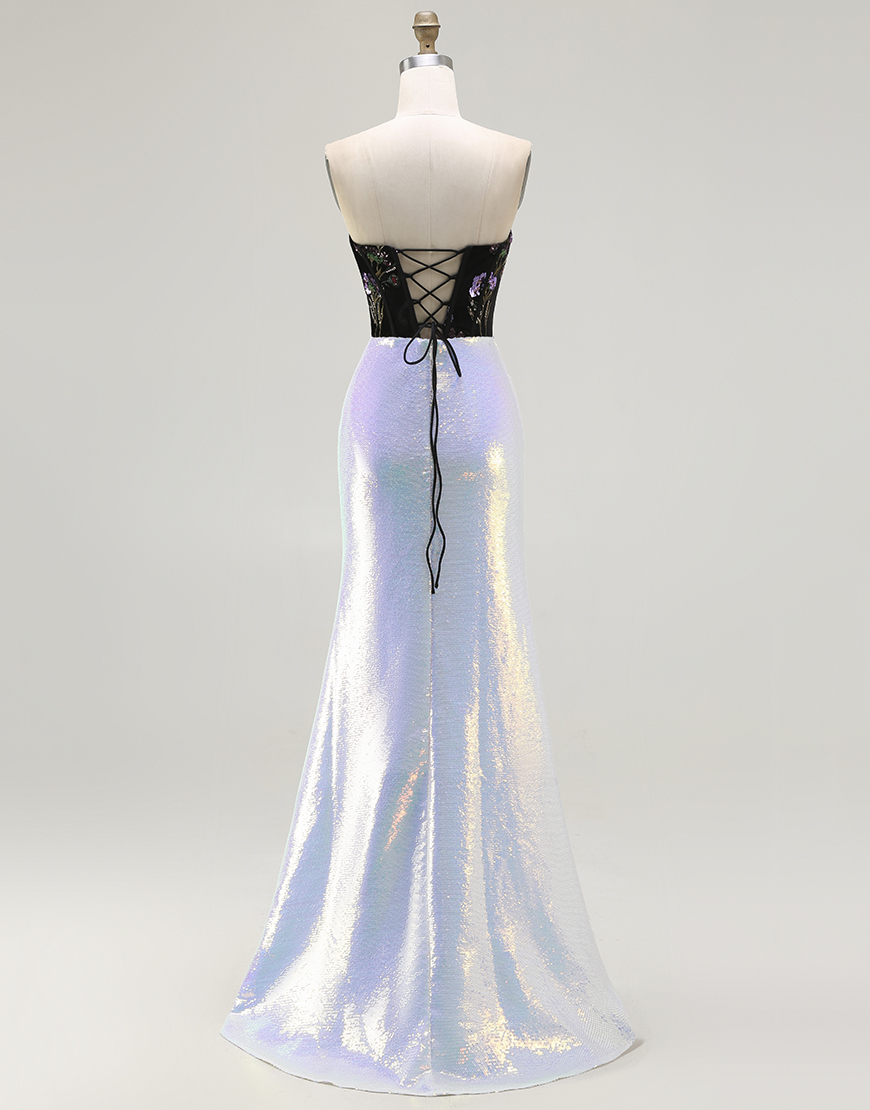 Sparkly Black Lilac Floral Mermaid Corset Glitter Long Prom Dress