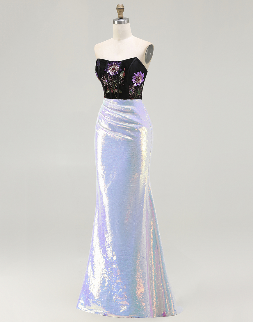 Sparkly Black Lilac Floral Mermaid Corset Glitter Long Prom Dress