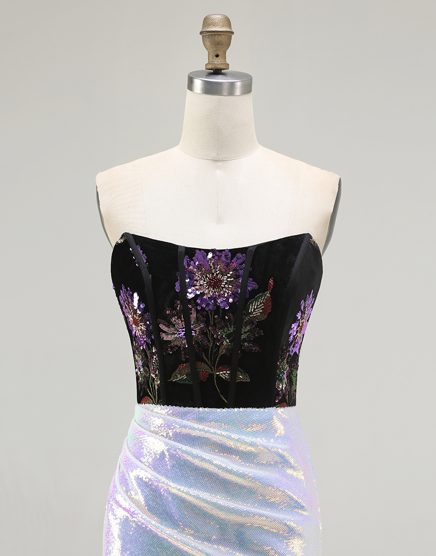 Sparkly Black Lilac Floral Mermaid Corset Glitter Long Prom Dress