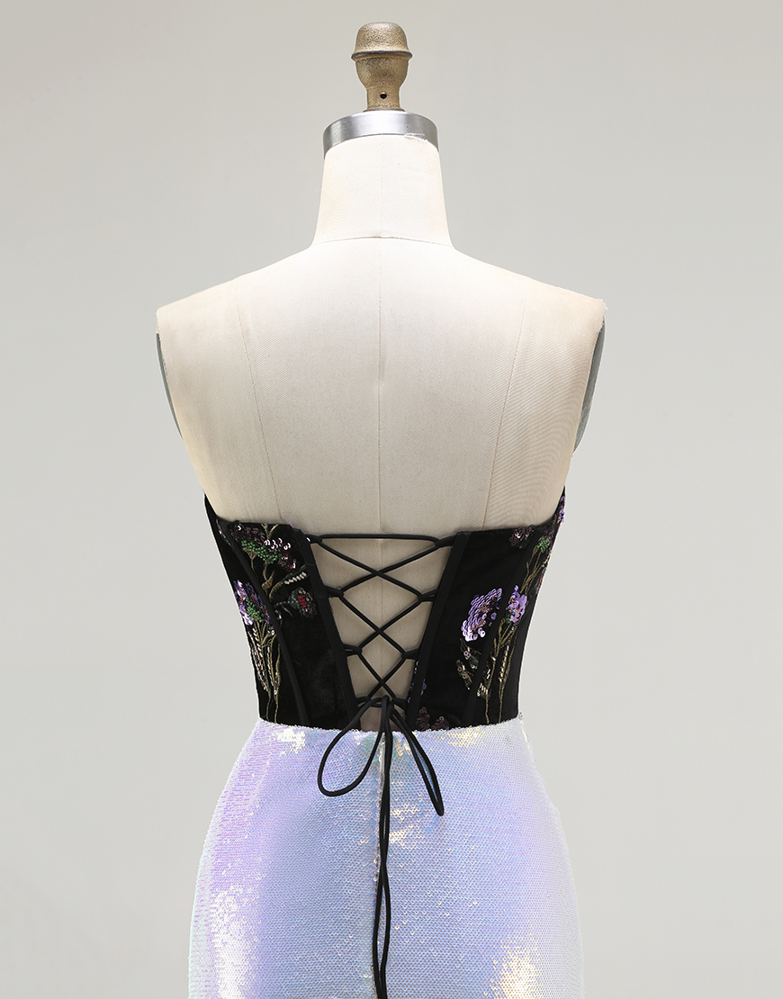 Sparkly Black Lilac Floral Mermaid Corset Glitter Long Prom Dress