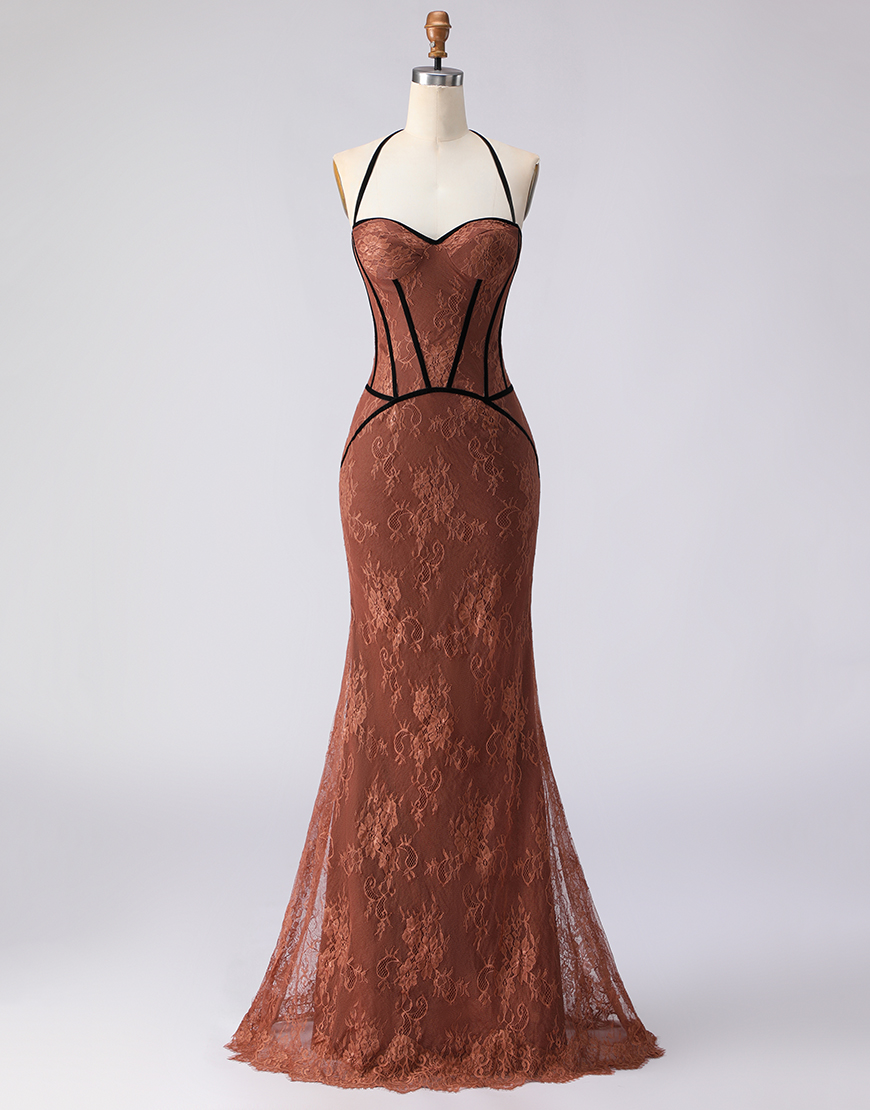 Brown Halter Lace Mermaid Long Corset Prom Dress