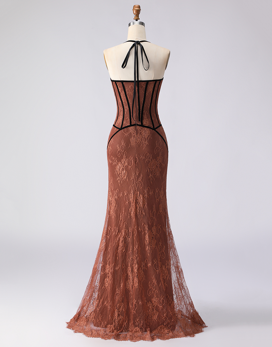Brown Halter Lace Mermaid Long Corset Prom Dress